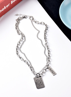 一页出品！小众设计叠戴钛钢项链美式街头字母方牌吊坠百搭不褪色