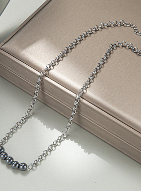 一页出品！韩版简约百搭项链黑色圆珠高冷小众设计黑胆石钛钢项链