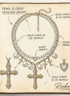 【跨境热销】欧美法式巴洛克复古十字架珍珠项链 双层叠戴锁骨链