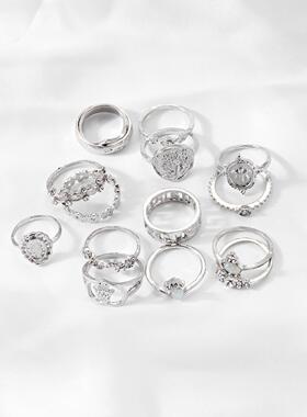 速卖通跨境热销复古美人头像金币十字架花纹爱心叠戴戒指组合套装