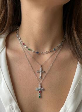 欧美跨境饰品彩色多层叠戴链条项链女ins风镶钻十字架吊坠锁骨链