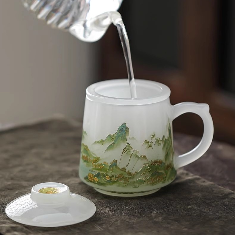 千里江山高档冰种琉璃办公室泡茶杯个人专用茶水分离男士高端茶具