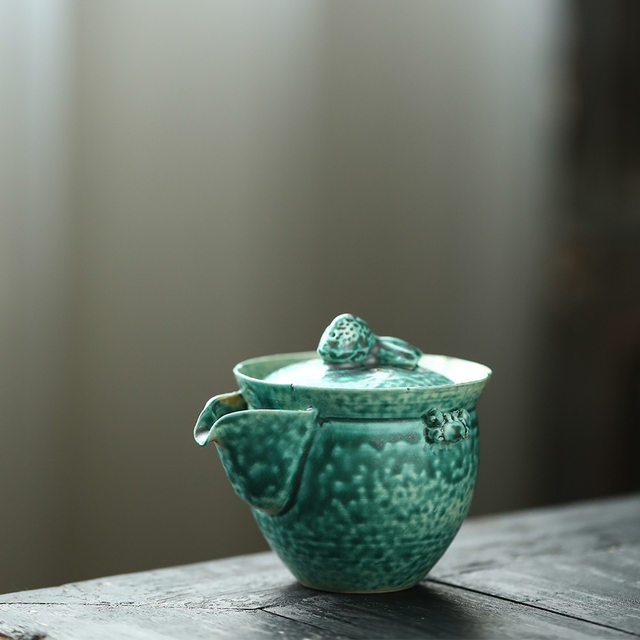 Jingdezhen kiln turned matte green glaze open piece goldfish and toad cover bowl easy-to-make pot hand-caught pot cover cup tea set