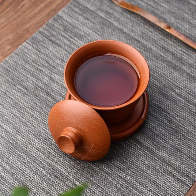 All pure handmade purple clay high-end three-cai bowl teacup single high-end tea bowl with lid and non-hot Kung Fu tea set