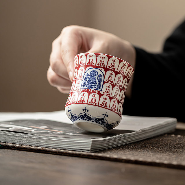 Dunhuang Thousand Buddhas Master Cup Single Cup Household White Porcelain Ceramic Kung Fu Tea Set Tea Drinking Cup High-end Personal Use