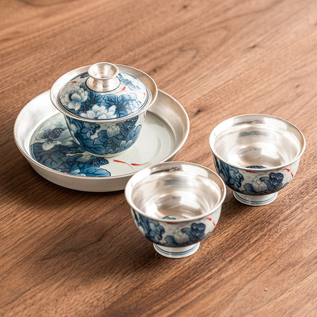 Blue and white porcelain gilt silver three-capacity bowl, tea bowl, tea cup, single high-end Kung Fu tea set, high-end, non-hot