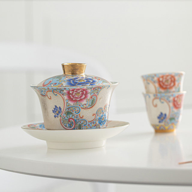 Handmade filigree silver three-cup teacup