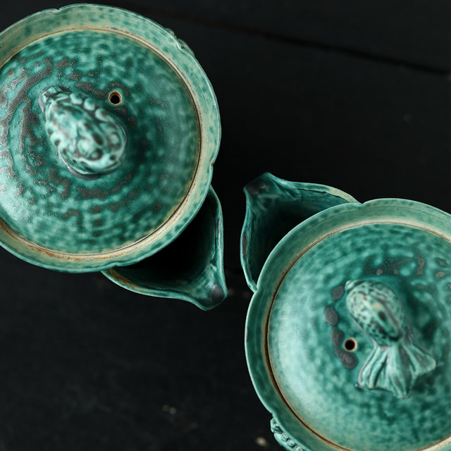 Jingdezhen kiln turned matte green glaze open piece goldfish and toad cover bowl easy-to-make pot hand-caught pot cover cup tea set