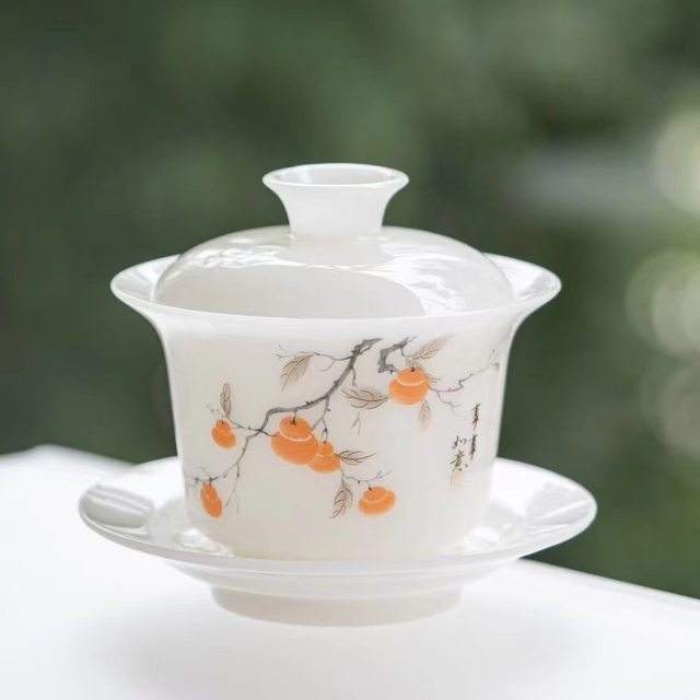 Uncut jade covered bowl teacup tea bowl large tea set blue and white porcelain anti-scalding tea bowl ceramic kung fu three-capacity covered bowl single