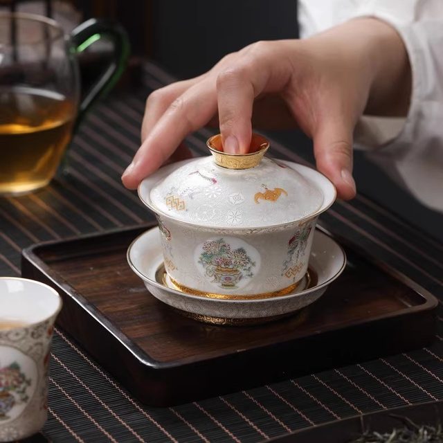 Palace-style hand-painted gold enamel high-end large three-cai bowl Kung Fu tea set for home tea making single ceramic