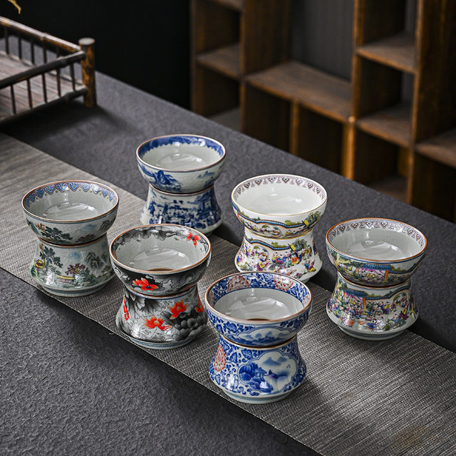 Old pottery mud blue and white ceramic high-end tea leakage tea filter tea artifact tea filter separate stand holder tea set accessories