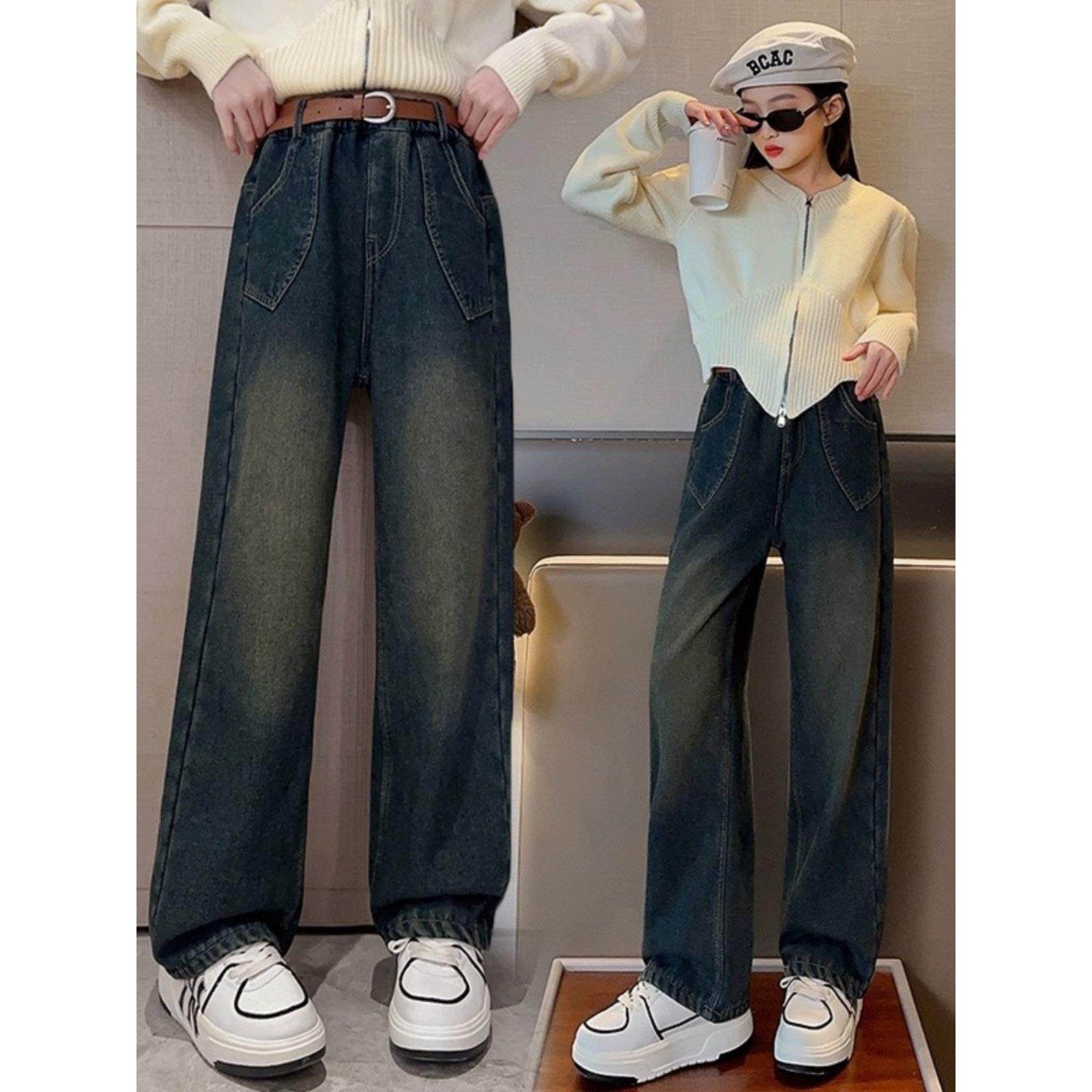 女童休闲裤子春秋新款牛仔裤中大童时尚阔腿裤儿童春装宽松直筒裤,淘宝优惠券,粉丝福利购,淘宝优惠卷