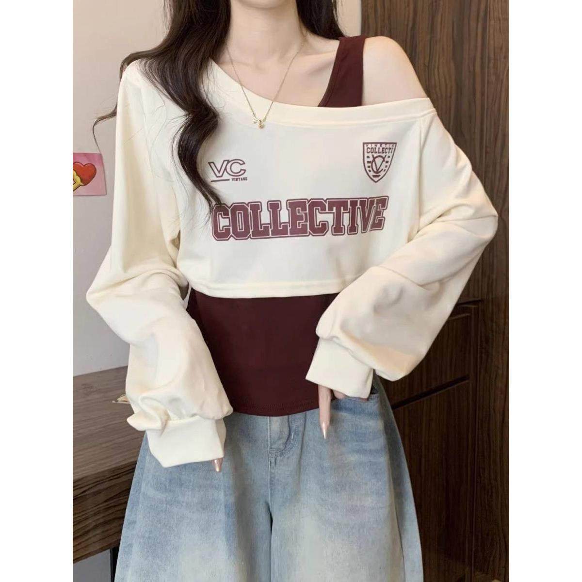 新品短款斜肩长袖T恤女套装2025秋季穿搭卫衣吊带露肩独特小上衣,淘宝优惠券,粉丝福利购,淘宝优惠卷