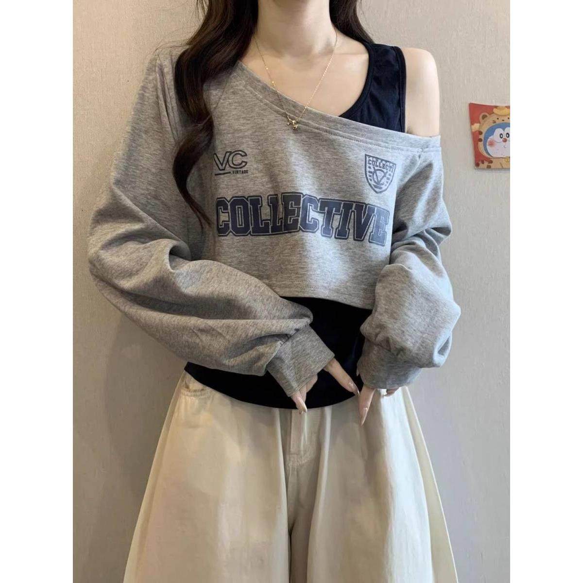 新品短款斜肩长袖T恤女套装2025秋季穿搭卫衣吊带露肩独特小上衣,淘宝优惠券,粉丝福利购,淘宝优惠卷