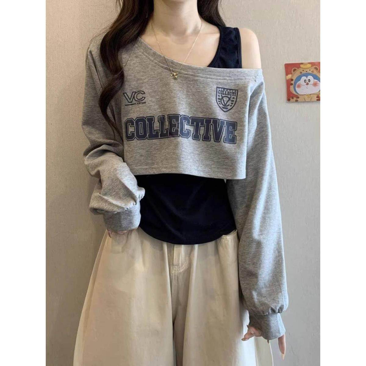 新品短款斜肩长袖T恤女套装2025秋季穿搭卫衣吊带露肩独特小上衣,淘宝优惠券,粉丝福利购,淘宝优惠卷