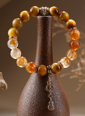 天然水晶黄塔晶金虎眼石手链流苏葫芦新中式原创女士发彩手串