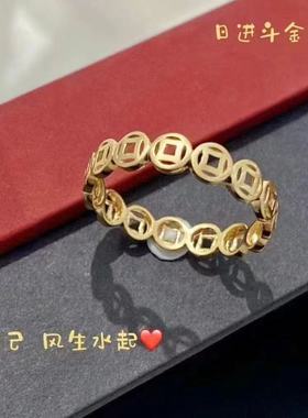 不掉色钛钢镂空招财铜钱转运戒指