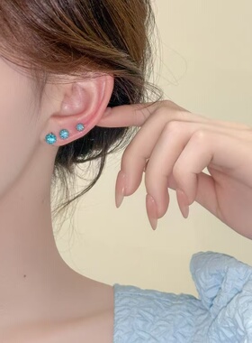 海蓝色双头钻球耳钉女