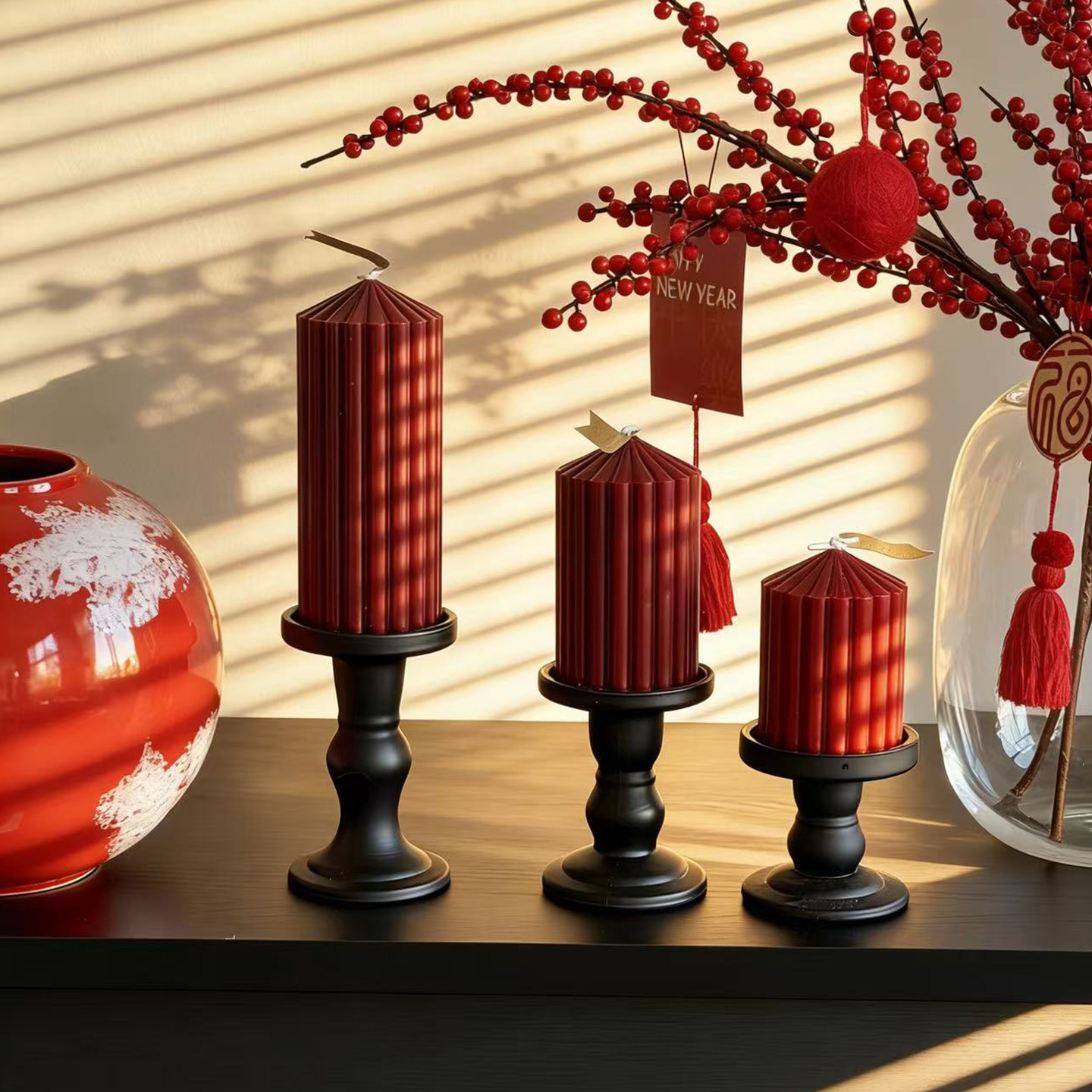 中式红色系蜡烛婚庆喜庆酒红条纹圆柱蜡烛创意烛台家居桌面摆件,淘宝优惠券,粉丝福利购,淘宝优惠卷