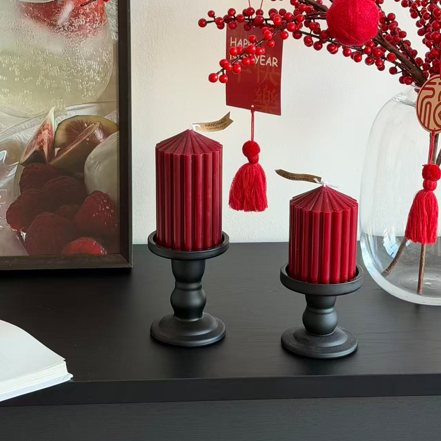中式红色系蜡烛婚庆喜庆酒红条纹圆柱蜡烛创意烛台家居桌面摆件,淘宝优惠券,粉丝福利购,淘宝优惠卷