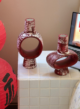 新年红色喜庆陶瓷花瓶现代高级花器客厅装饰品家居玄关民宿摆件