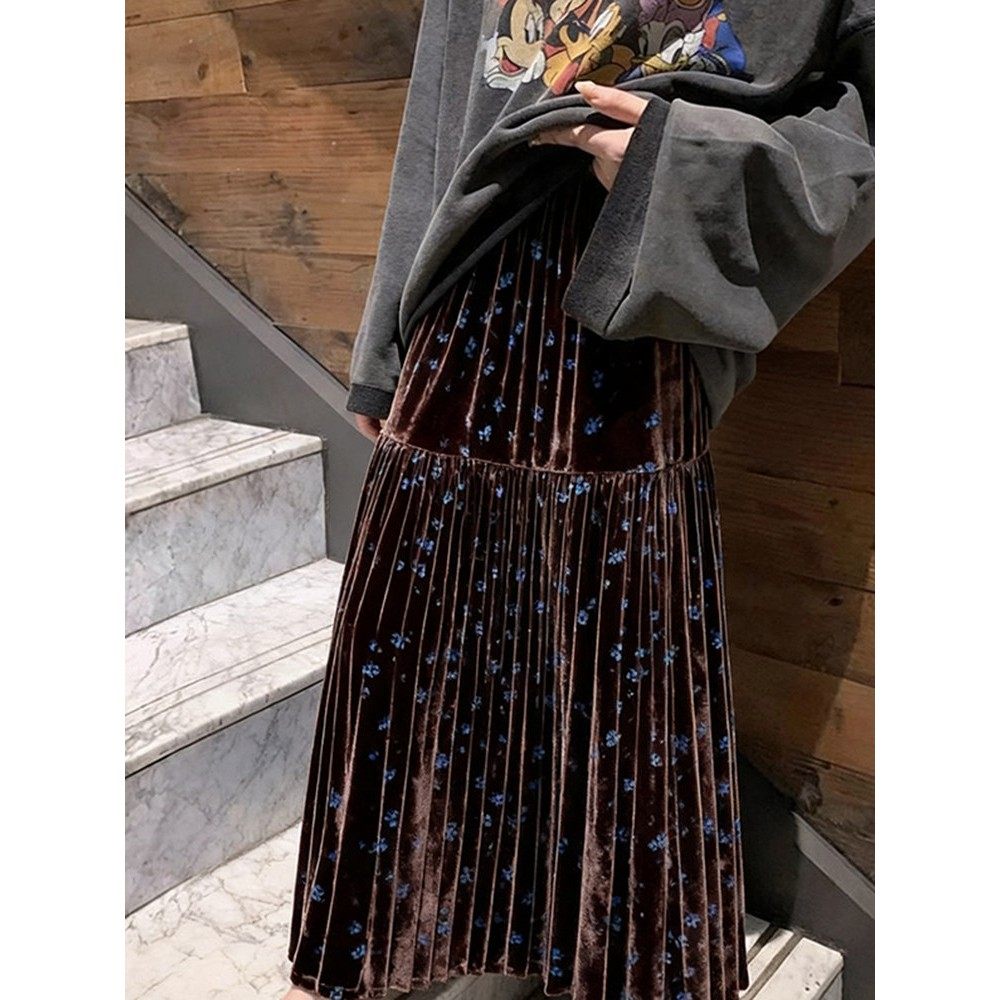 棕色丝绒碎花褶皱A字垂感叠穿半身裙慵懒设计感覆古长裙子2025秋,淘宝优惠券,粉丝福利购,淘宝优惠卷