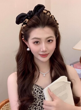 韩系复古豹纹蝴蝶结发箍女夏日高颅顶洗脸头箍气质百搭发卡发饰