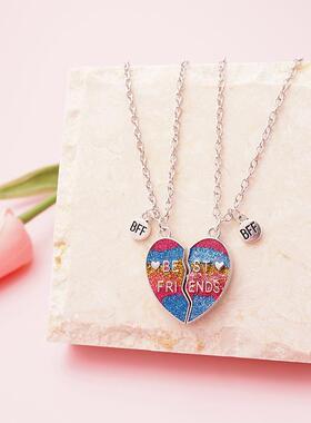 跨境热销简约磁吸可爱亮片爱心吊坠项链色彩鲜艳彩饰品厂家