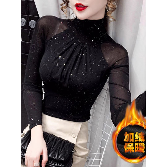 秋冬加绒加厚网纱性感法式复古高领紧身洋气打底长袖时尚小衫上衣
