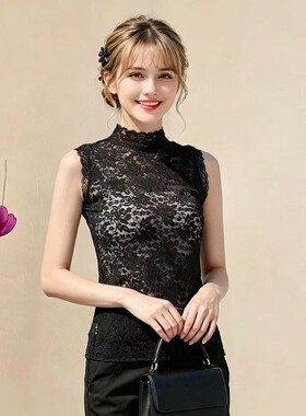 蕾丝打底衫假领子内搭外穿性感镂空半高领上衣高级感无袖背心秋冬