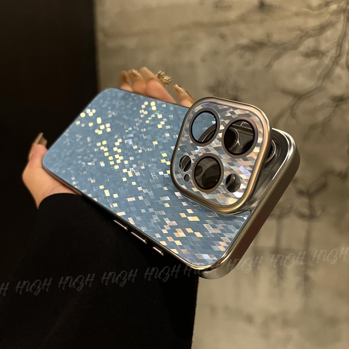 镜头隐形支架适用于苹果15Promax高颜值iphone14Pro菱格亮片闪钻手机壳13pm自带镜头膜12Promax保护套网红ins