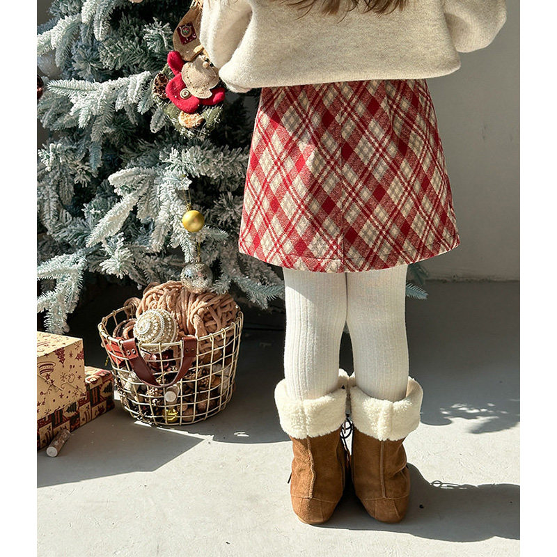 Yumi妈2025冬季女童A字版毛呢短裙儿童时髦红色格纹半身裙24A017,淘宝优惠券,粉丝福利购,淘宝优惠卷