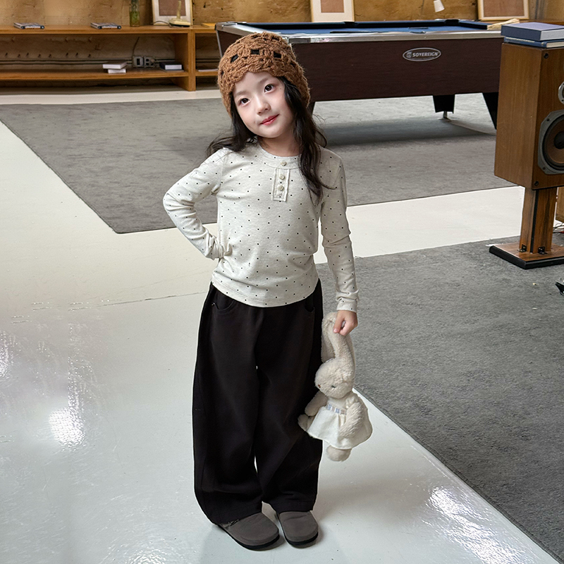 Yumi妈女童秋装软糯羊绒棉坑条打底衫儿童波点长袖T恤上衣 25F001 - 图3