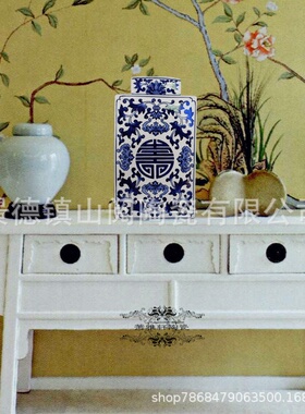 青花陶瓷花瓶客厅摆件大仿古青花瓷瓶中式家居电视柜装饰四方罐