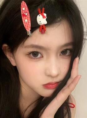 可爱卡通红色交叉小猫发夹女侧边刘海碎发卡子少女心kitty头饰品