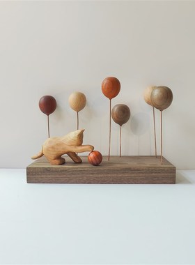 软萌治愈系 实木气球 朦胧猫木制手作氛围玄关车载V装饰 桌面摆件