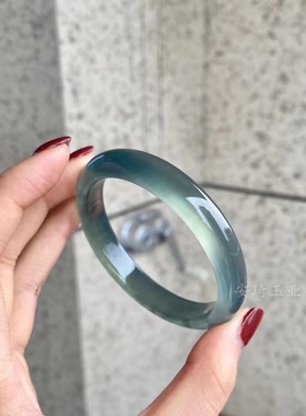 天然玛瑙手镯高冰种马料库里蓝玉髓手镯蓝水色冰透玛瑙玉石玉镯