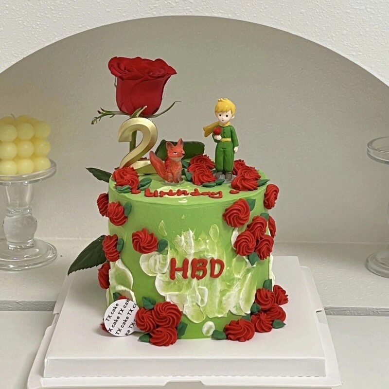 七夕情人节蛋糕装饰拿玫瑰小王子树脂摆件情侣告白表白烘焙装扮