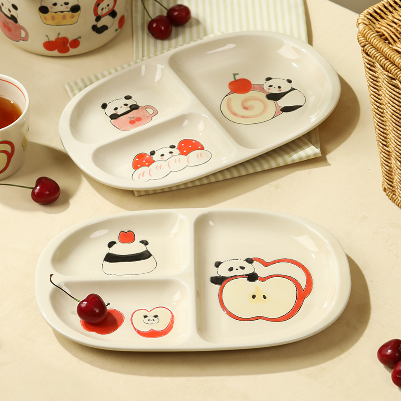 蓝莲花家居熊猫手绘釉下彩分格盘三格211减肥减脂定量陶瓷分餐盘 - 图1