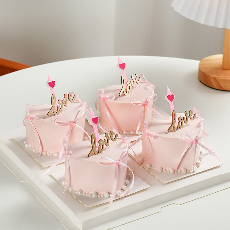 七夕情人节心形小蛋糕装饰ins风蝴蝶结丝带木质love爱心蜡烛插件