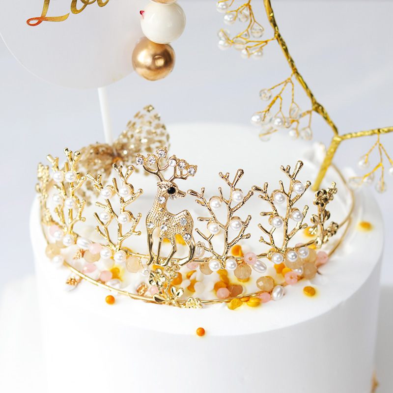 母亲节蛋糕装饰金色爱心珍珠环仿真玫瑰花装饰插件情人节告白装扮