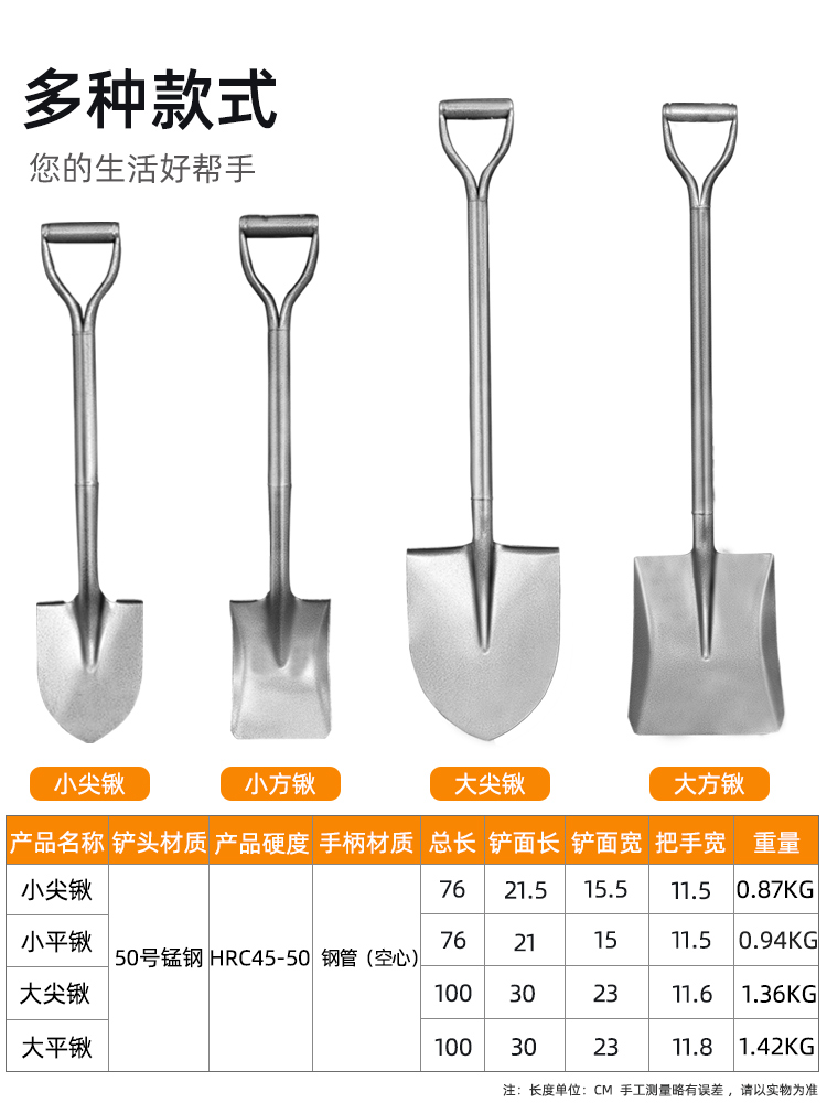 锰钢铁锹大铁锨铁铲家用种菜除草挖土户外植树工兵铲农用工具大全 - 图3