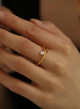 ins冷淡风不规则水波纹珍珠戒指女高级感设计小众轻奢法式复古
