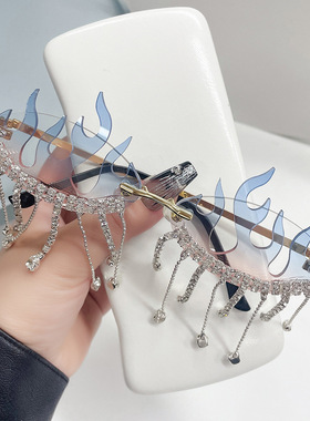 欧美新款火焰个性太阳镜镶钻流苏挂坠夸张凹造型眼镜sunglasses