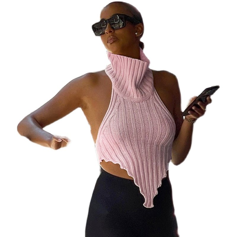 欧美性感高领不规则露背针织背心上衣女 sexy knit vest tank top,淘宝优惠券,粉丝福利购,淘宝优惠卷