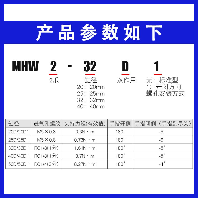 手指气缸180度开闭型MHW2-20D1/25D/32D/40/50肘节型MHT2夹持气爪 - 图2