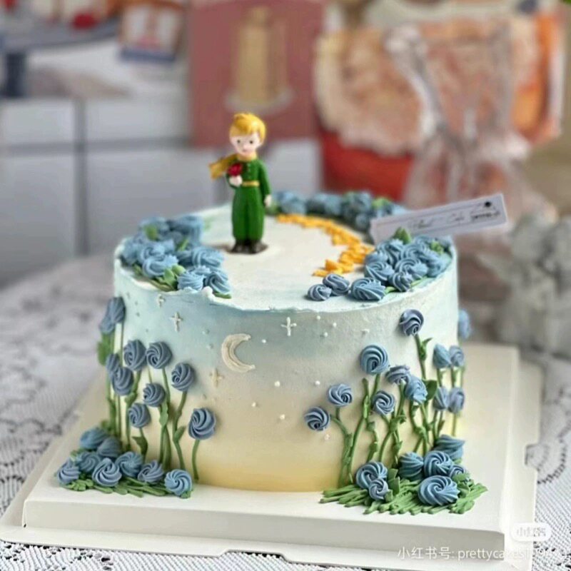 七夕情人节蛋糕装饰拿玫瑰小王子树脂摆件情侣告白表白烘焙装扮