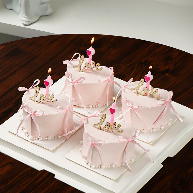 七夕情人节心形小蛋糕装饰ins风蝴蝶结丝带木质love爱心蜡烛插件