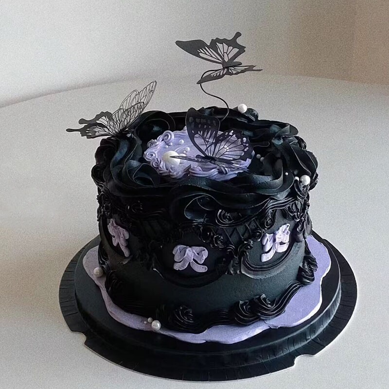 小红书简约唯美黑色系蝴蝶蛋糕装饰品女神生日情人节love爱心摆件