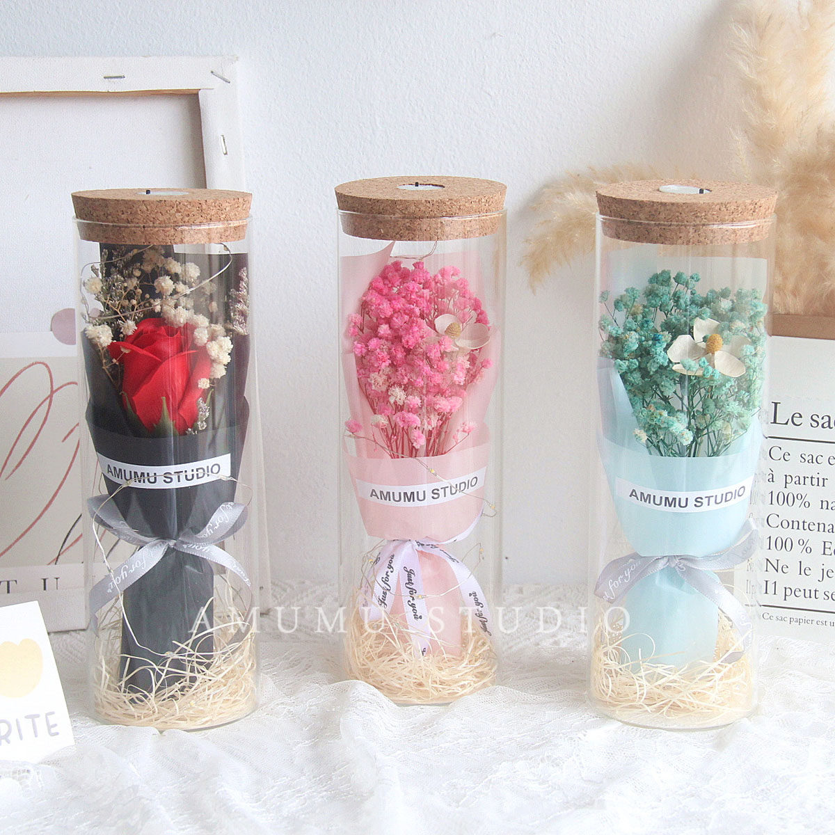 满天星干花玻璃罩向日葵玫瑰花束许愿瓶发光祝福母亲节礼物520女